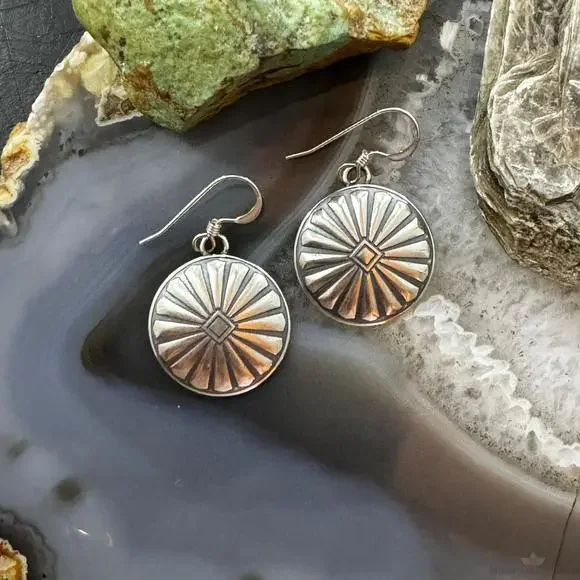 Native American Sterling Sunburst Round Concho Stamped Dangle Earrings For Women - Picture 5 of 10